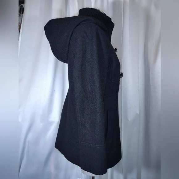 Guess Wool Pea Coat, Women Hooded, Black ButtonUp Pockets, Collar, Lining, S/M - Picture 6 of 15